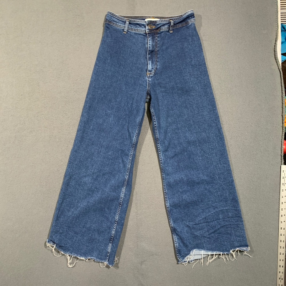 Zara Wide Leg Jeans Women Size 8 Blue High Rise Raw Hem Stretch Denim Retro